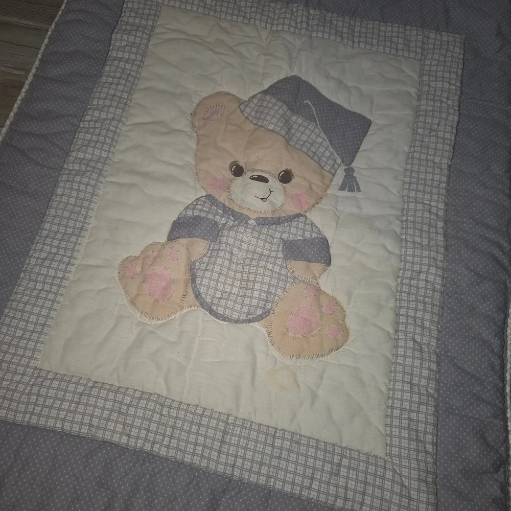 Vintage Gerber Baby Blanket Teddy Bear Quilt Blue Plaid Polka Dot Reversible USA